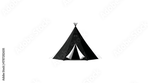 Minimalist black teepee tent graphic. Simple traditional conical shelter, camping and outdoor lifestyle symbol on a clean white background.
