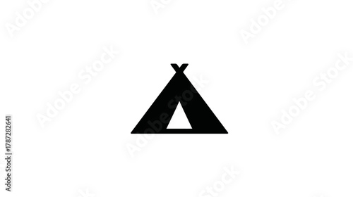 Black minimalist teepee icon or camping tent symbol isolated on white background, representing outdoor adventure and travel.
