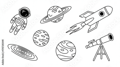 Space exploration line art featuring planets astronaut rocket and telescope vector illustration isolated on white background