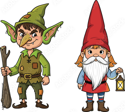 Fantasy cartoon illustration of a goblin and gnome standing together, magical creatures art, fairytale characters, mythical forest adventure concept
