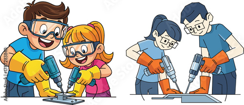 Happy cartoon children and adults using electric drills for workshop project, teamwork, safety goggles, STEM education, learning, engineering illustration