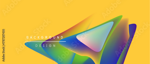 Abstract colorful shapes overlap yellow backdrop. Modern design elements create vibrant visual impact. Smooth gradients define forms.