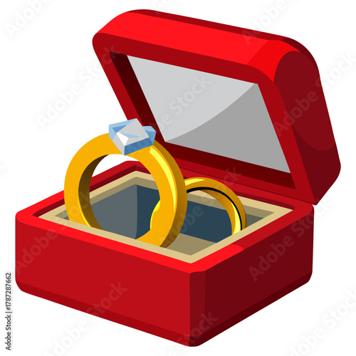 “Golden Wedding Rings in Red Jewelry Box Engagement and Marriage Vector Illustration”