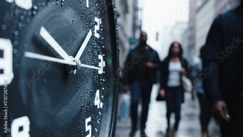 Closeup of a wet clock face with blurred pedestrians walking on a rainy city street in the background, symbolizing time and urban life