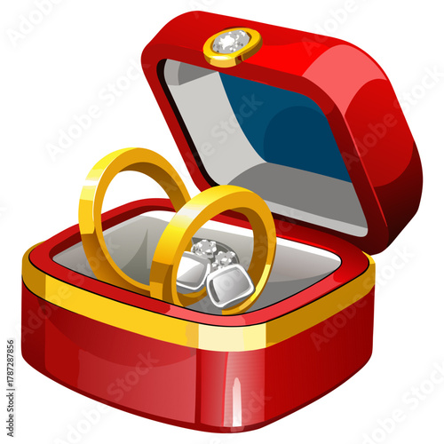 “Golden Wedding Rings in Red Jewelry Box Engagement and Marriage Vector Illustration”