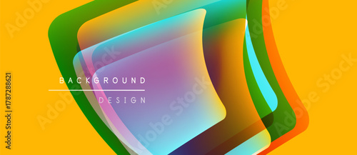 Abstract layers overlap, vibrant colors blend. Yellow backdrop emphasizes dynamic design, modern aesthetic. Text reads background design.