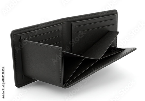 Sleek black leather bifold wallet open to reveal empty card slots and compartments, perfect for showcasing minimalist finance or personal organization concepts with a touch of modern elegance.