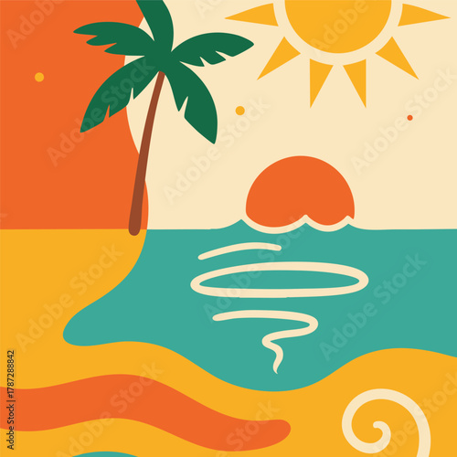 Soak up the retro vibes of this abstract beach sunset. A lone palm & groovy waves in a warm 70s color palette create the perfect endless summer feel. Ideal for posters & vibrant travel art.