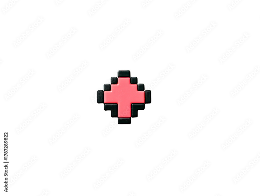 Obraz premium Pixelated red cross icon, centered on transparent background, symbolizing health, medical aid, or first aid in retro video game style, evokes nostalgia and simplicity
