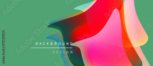 Abstract colorful shapes overlap, creating dynamic visual effect. Background is muted green, text reads background design.