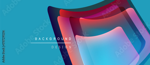 Abstract layers create vibrant visual effect. Blue gradients blend with red, purple hues. Modern design elements suggest depth, movement.