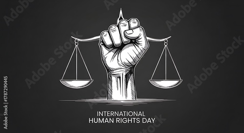 International human rights day illustration with raised fist and scales