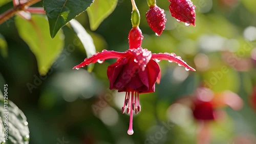 Macro shot of a vibrant red fuchsia flower with water drops