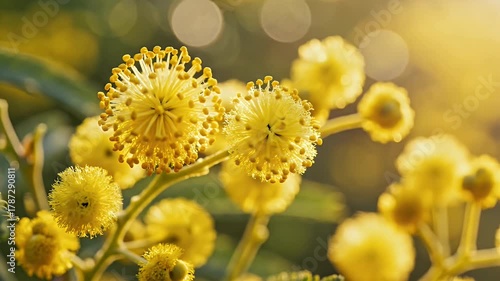 Macro shot of blooming yellow mimosa flowers in bright sunlight