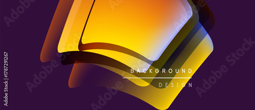 Abstract design features vibrant orange, purple gradients. Layers create depth, dynamic visual impact. Modern, sleek presentation.