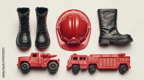 A flat lay arrangement of firefighter-themed toys including red trucks, a helmet, and black boots on a white background.