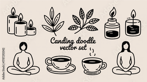 Hand-drawn vector set of meditation candles leaves and tea cups simple line art for spa and relaxation concepts isolated on white background