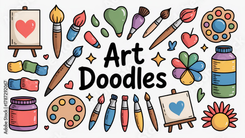 Collection of art doodles hand-drawn vector illustration of painting supplies isolated on white background