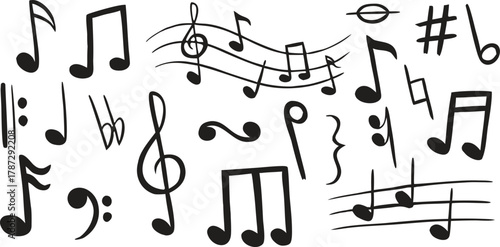 “Musical notes and symbols vector collection in artistic design. Melody, rhythm, and harmony icons for music projects. Perfect for posters, logos, and creative compositions.”