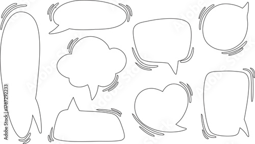 “Empty comic speech bubbles set with sketch line style on white background. Hand-drawn chat balloon collection for pop art design. Vector outline template for text and comics.”