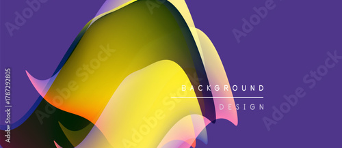 Abstract fluid shapes overlap, creating vibrant yellow, purple gradients. Modern design elements suggest movement, energy, visual appeal.