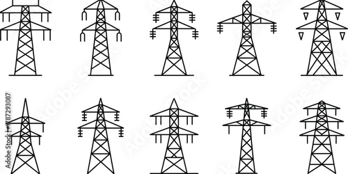 Set of 10 black and white electricity transmission towers, vector illustration of power pylons and high voltage line structures