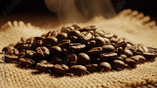 Roasted coffee beans scattered on textured burlap sackcloth