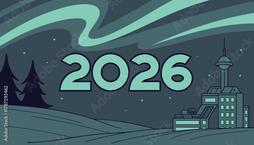 2026 futuristic cityscape under the northern lights sky