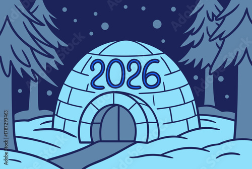 2026 igloo illustration with snowy forest background