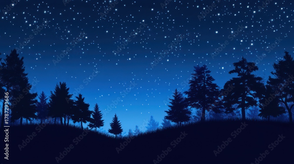 Naklejka premium Night sky, starlit forest, silhouette trees, peaceful nature, background image