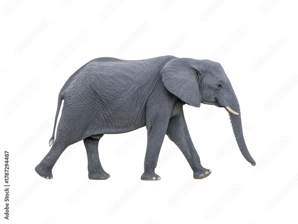 Fototapeta premium African elephant wildlife animal gray mammal large walking isolated nature safari textured skin tusk trunk ear terrestrial herbivore majestic outdoors savanna conservation endangered fauna side