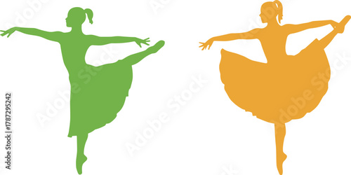 Colorful silhouettes of ballet dancers performing arabesque and high leg lift, performing arts concept, cad drawing flat vector illustration