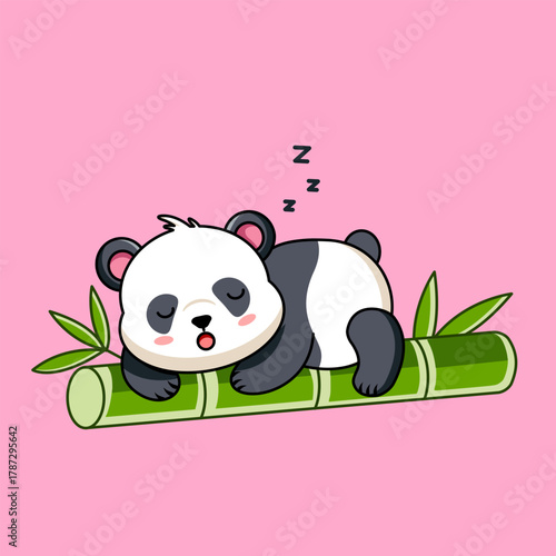 Cute Panda Napping Peacefully on Bamboo, Panda Sleep on Bamboo Vector Illustration Cartoon Design