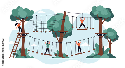 Adventurous people engaging in a challenging high ropes course activity, navigating suspended bridges and obstacles among trees.