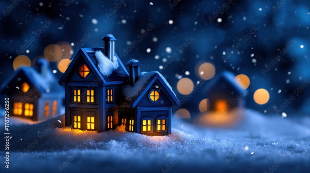 Fototapeta premium Magical Winter Night Village with Illuminated Snow-Covered Houses