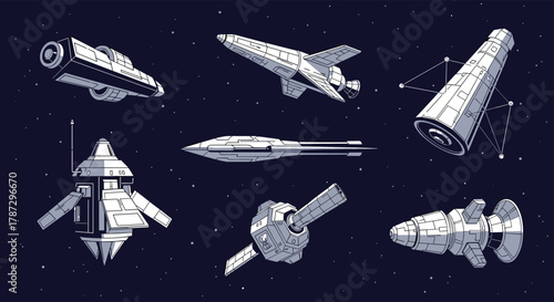 Diverse pixel art spacecraft and satellites depicted in outer space, showcasing various retro-futuristic designs of rockets, shuttles, and probes.