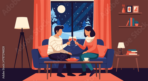 A romantic couple toasts with red wine in their cozy living room, enjoying a peaceful winter evening while snow falls outside.