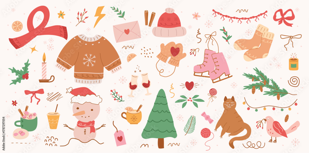 Fototapeta premium Retro vintage, concept winter, pattern, Fir tree, stars, dots, snow, line drawing. Holiday design elements are isolated on pink background. Simple conceptfor winter season card, for party, print 
