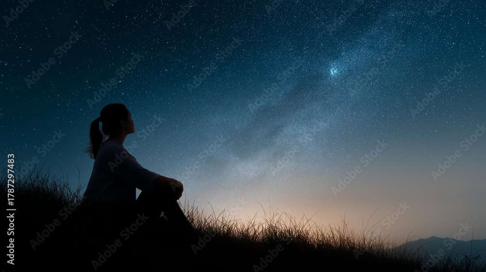 Fototapeta premium Woman silhouette gazing at night sky on hill, family unity in personal reflection, natural harmony with starry views, togetherness moments in solitude, cosmic peace