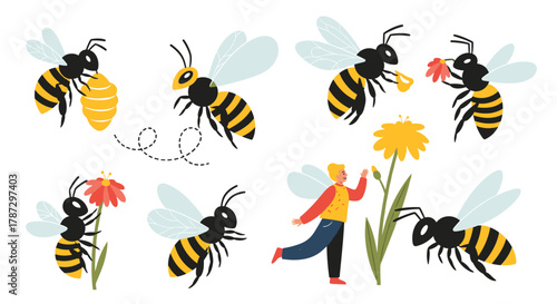 Cute cartoon bees flying, pollinating flowers, building a hive, and interacting with a winged human, depicting beekeeping and natural processes.