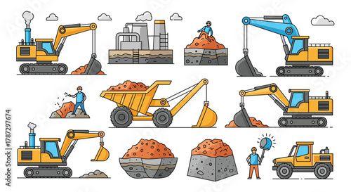 Collection of construction and mining machinery illustrations with workers and materials.