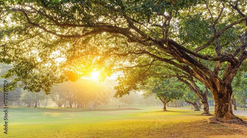 blurred. Tranquil park at sunset with warm golden hues, creating a peaceful natural landscape. inspiring travel planning, travel magazines, designed for travel destination branding.