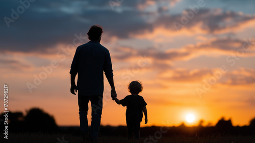 Father holding child’s hand at sunset, family unity in father’s day joy, natural harmony with evening light, togetherness moments in paternal bonds, holiday celebration