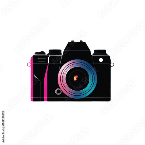 A stylized illustration of a black camera with a colorful lens and pink accents.