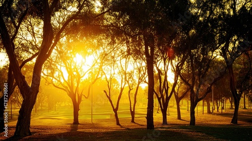 blurred. Tranquil park at sunset with warm golden hues, creating a peaceful natural landscape. inspiring travel planning, travel magazines, designed for travel destination branding.