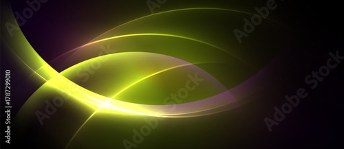 Abstract design features luminous curves, vibrant green hues, dark background. Smooth gradients create dynamic visual effect.