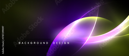 Abstract neon lights create flowing curves. Purple, green hues dominate dark background. Modern design element.