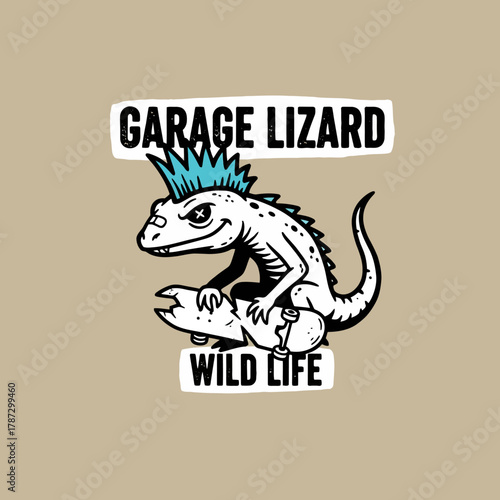 A punk rock lizard with a blue mohawk riding a skateboard, wild life.