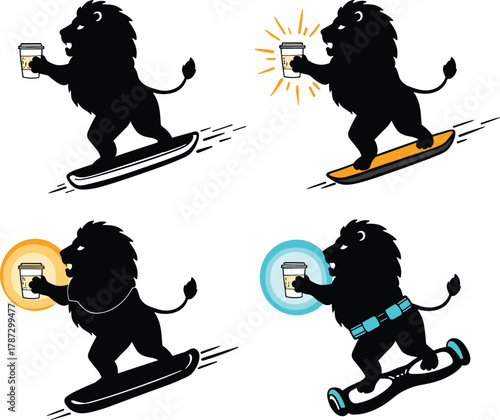 Four lion silhouettes riding hoverboards with coffee cups, whimsical urban lifestyle mascot set, cad drawing flat vector illustration