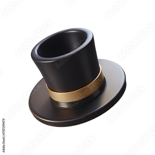 3D Black Top Hat with Gold Band Vintage Accessory Isolated